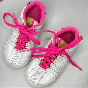 K Swiss Sneakers Tie Up Toddlers Kids Sz 8 Pink Laces White Sneakers Boys Girls